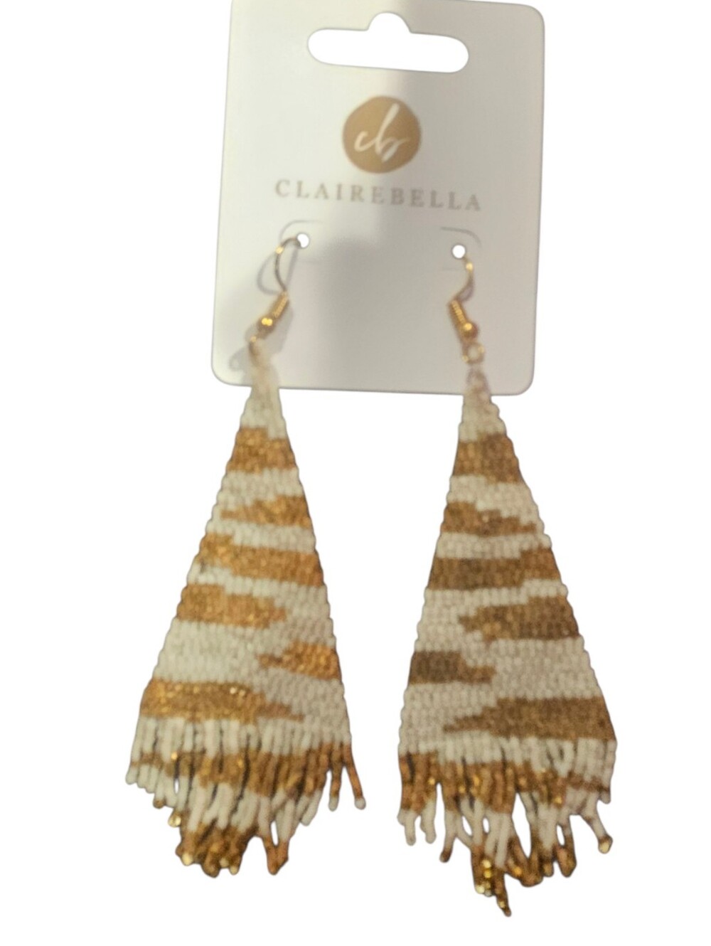 Clairebella White & Gold Beaded Fringe Statement Earrings NWT